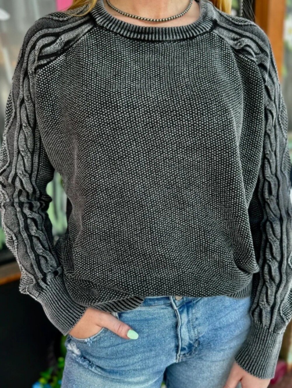 BiBi Black Mineral Wash/Mixed Textures Sweater, NWT, S, Cute & Comfy🖤